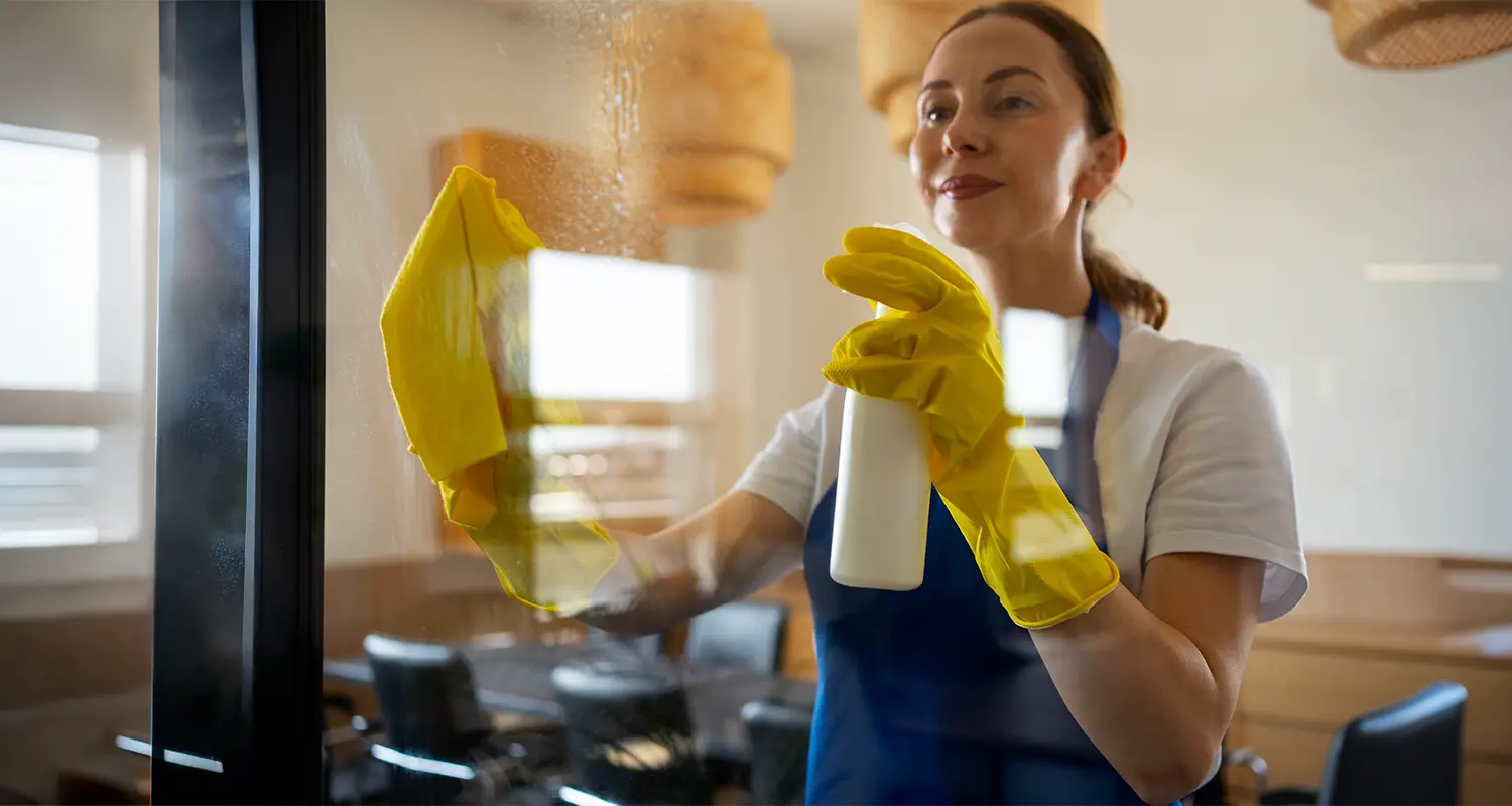 Professionelle Haushaltsreinigung – Reinigungskraft reinigt Küchenoberflächen mit Sprühflasche und gelbem Handschuh